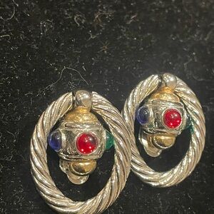 Vintage Silver and Gold Earrings with Red, Green and Blue Accents